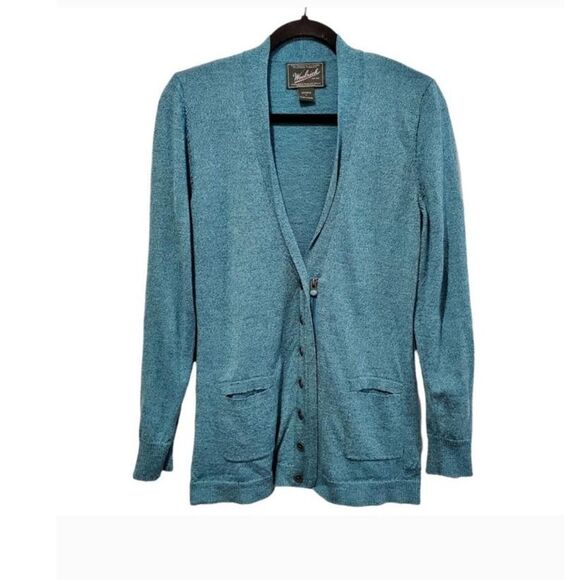Woolrich Teal 100% Merino Wool Half Button UP Cardigan Pockets size Medium - Picture 1 of 2